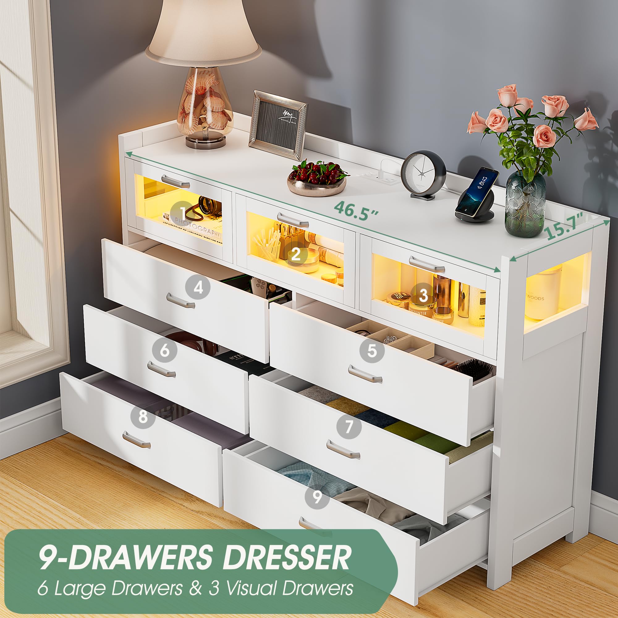 Alohappy White Dresser for Bedroom, 9 Drawers Dresser with LED Lights and Charging Station, Chest of Dresser for Bedroom with 3 Visual Drawers, Wood Drawer Organizer for Bedroom, Living Room, Hallway