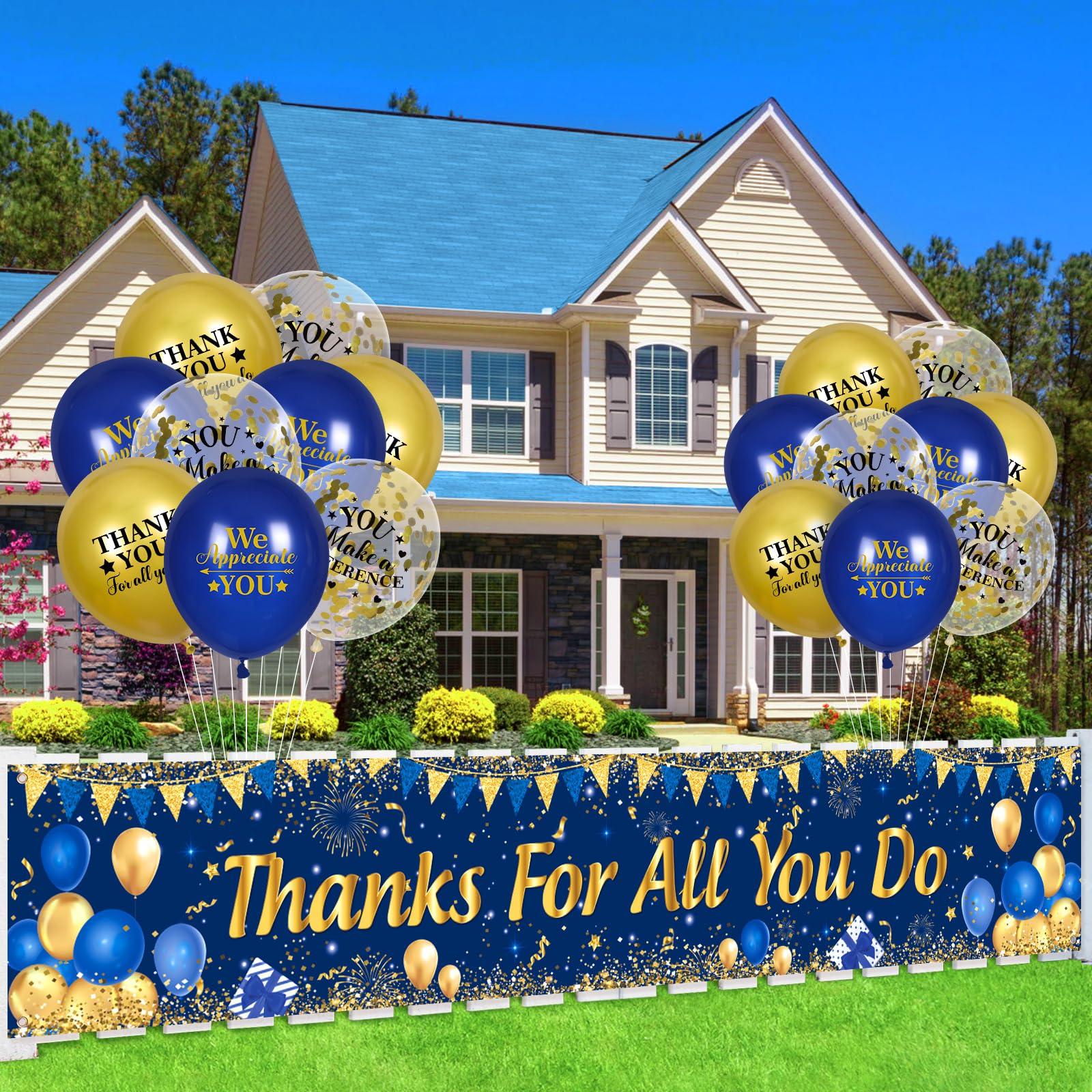 Thank You Appreciation Party Decorations Blue Gold Thanks for All You Do Banner with 18 Pcs Balloons We Appreciate You Yard Sign Decor Gifts for Graduation Pastor Employee Staff Teachers Doctors