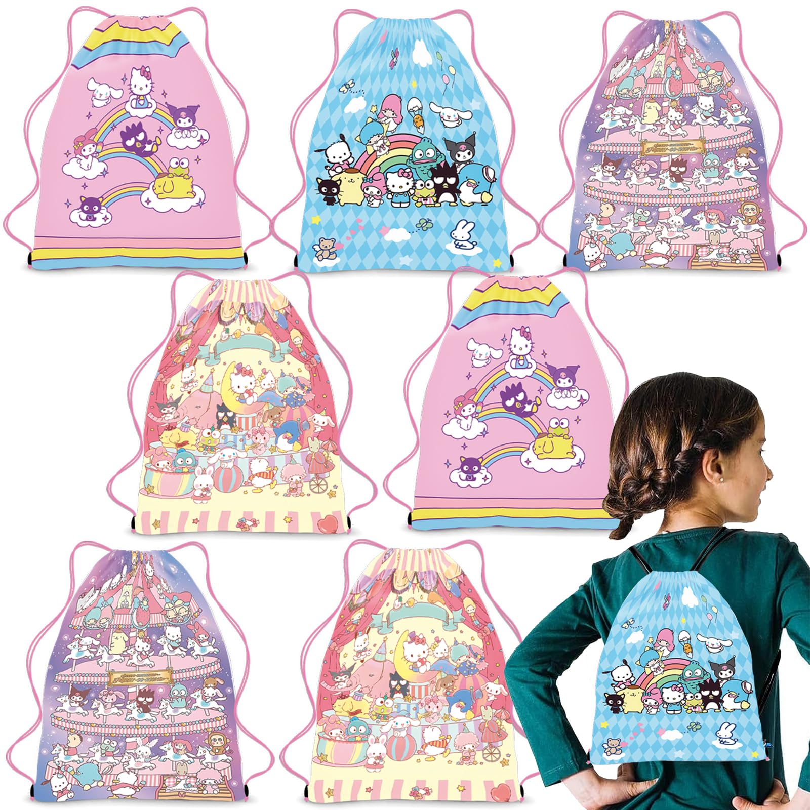 RoKiNou Kawaii Party Drawstring Bags 8Pack, Keroppi Kuromi Melody Birthday Party Supplies Goodies Bags, Party Girls Drawstring Bags for Hello Kitty Theme Kid's Party (4 Style)