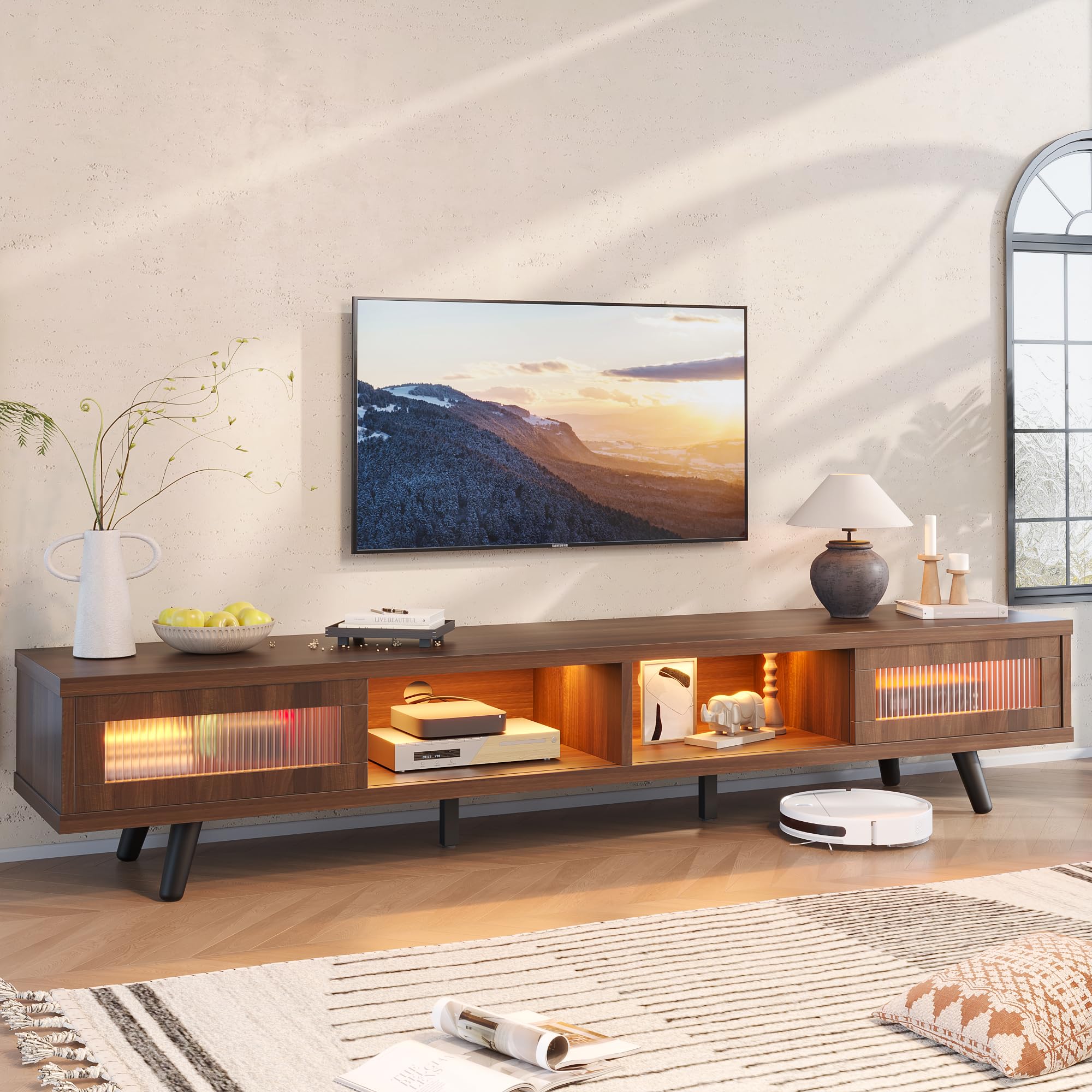 Bestier Mid Century Modern TV Stand for 75 inch TV, LED Entertainment Center with Storage and Sliding Doors, Low Profile TV Consoles for Living Room, Ancona Walnut