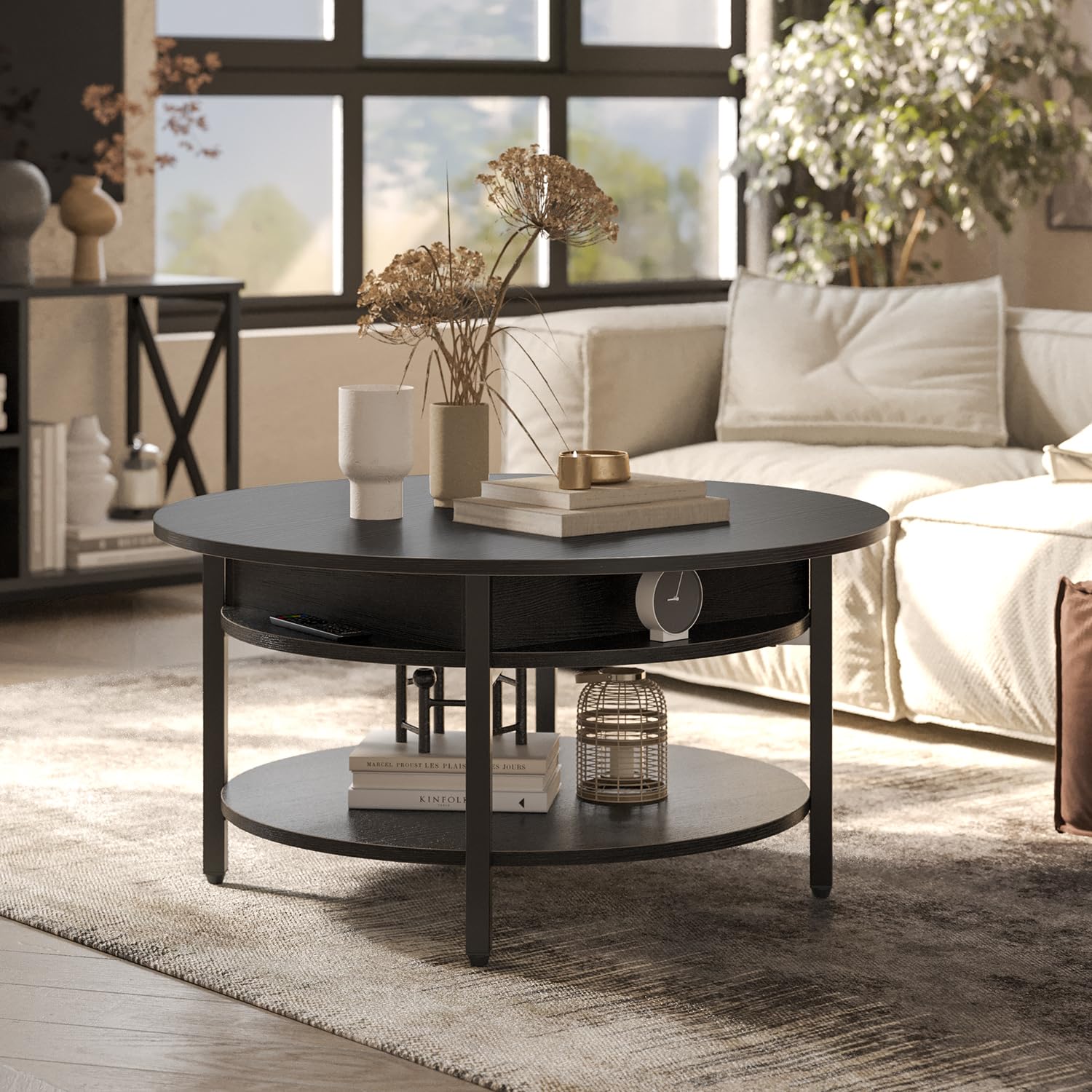 FABATO Round Lift Top Coffee Table with Storage and Hidden Compartment, 26.77'' Farmhouse Coffee Table for Living Room Reception Room, 2 Tier Small Round Coffee Table Circle Dining Table, Black