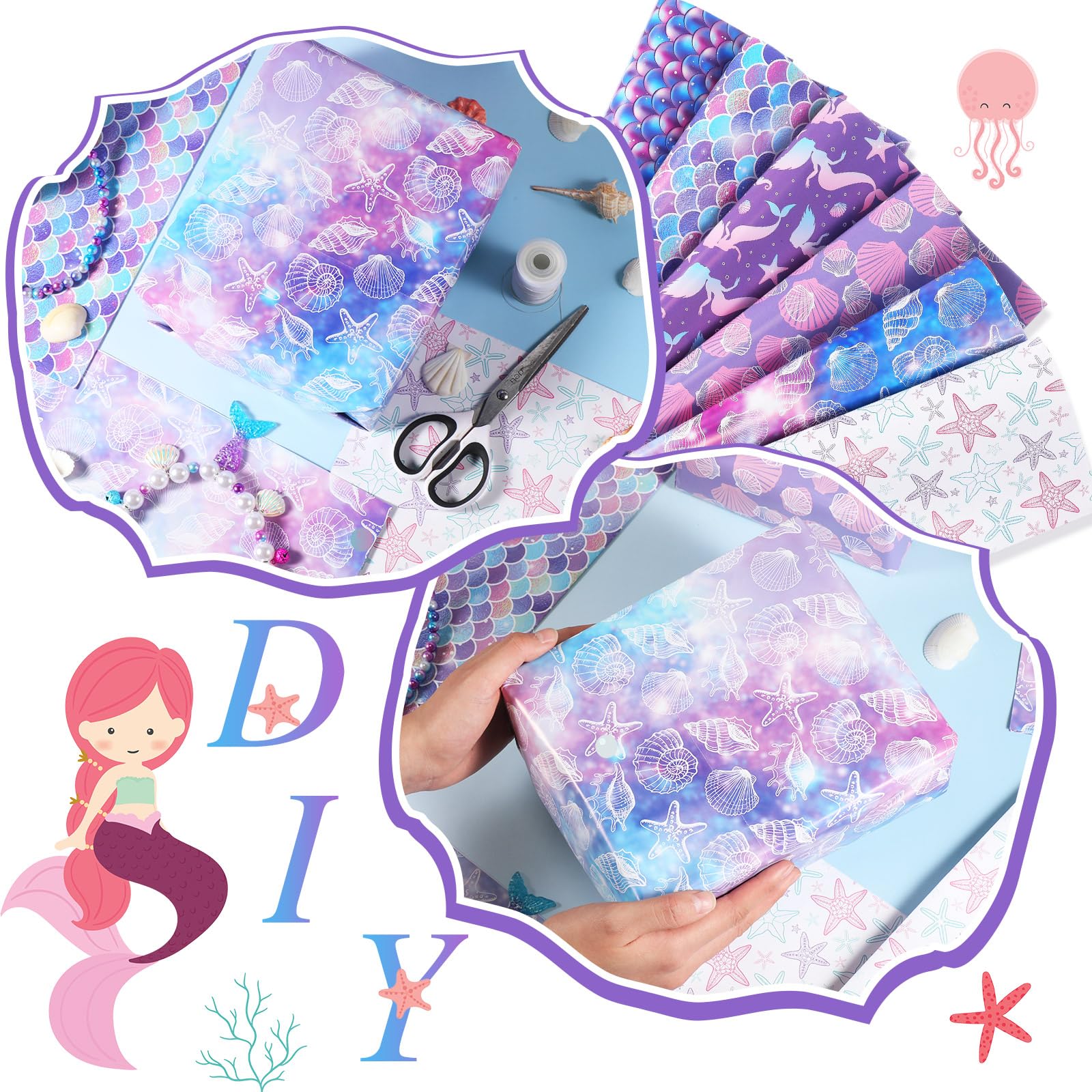 Kolldenn 12 Sheets Mermaid Gift Wrapping Paper Birthday Gift Folded Wrapping Paper 6 Styles 19.7 x 27.6 Inch Kids Mermaid Gift Box Packaging Paper for Girls Birthday Baby Shower Party Supplies