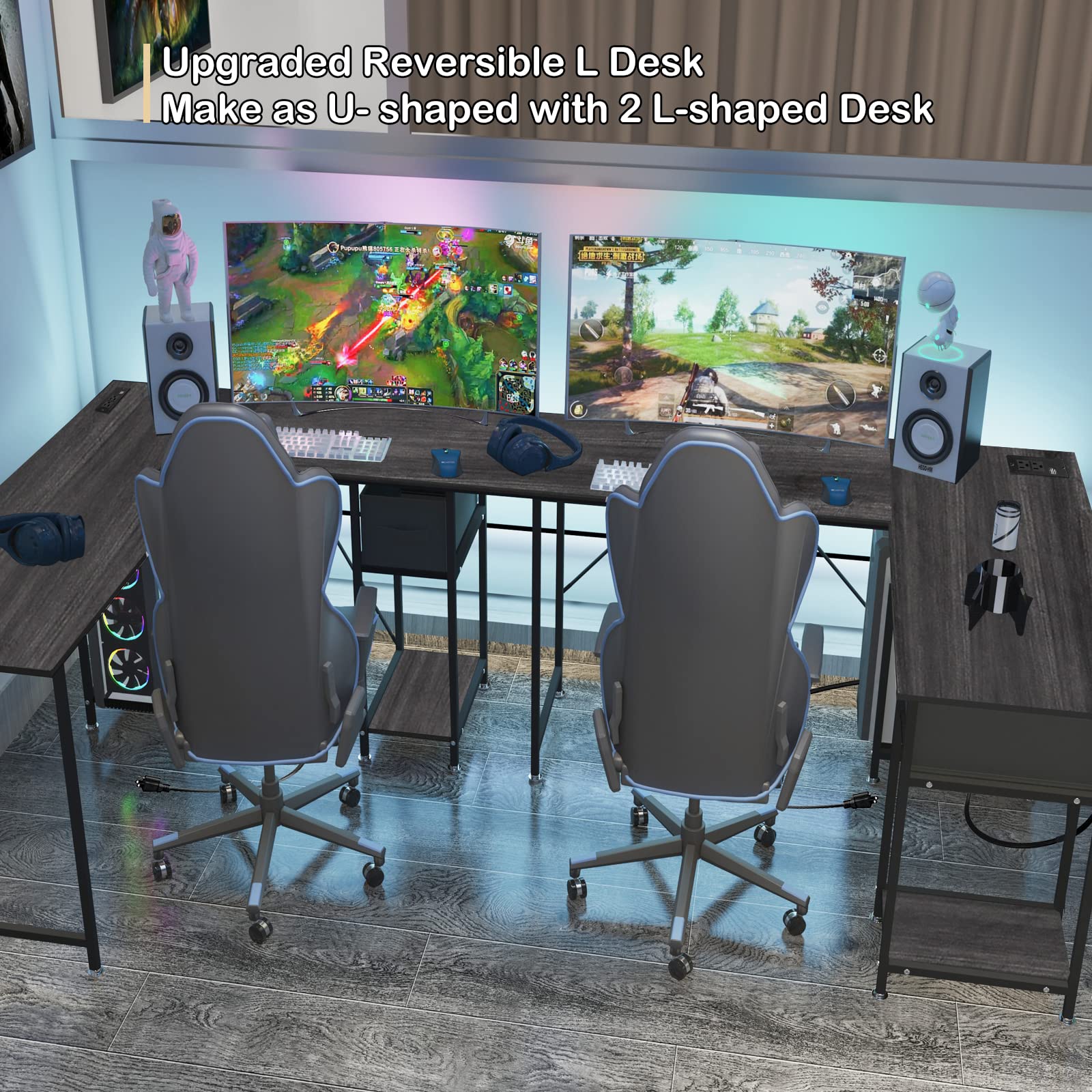 SZXKT L Shaped Desk with Drawers, Gaming Desk, Corner Computer Desk with Storage and Power Outlet,Reversible U Shaped Work Pc Desk for Home Office with Monitor Stand 2 Person Long Desk 56 Inch Gray