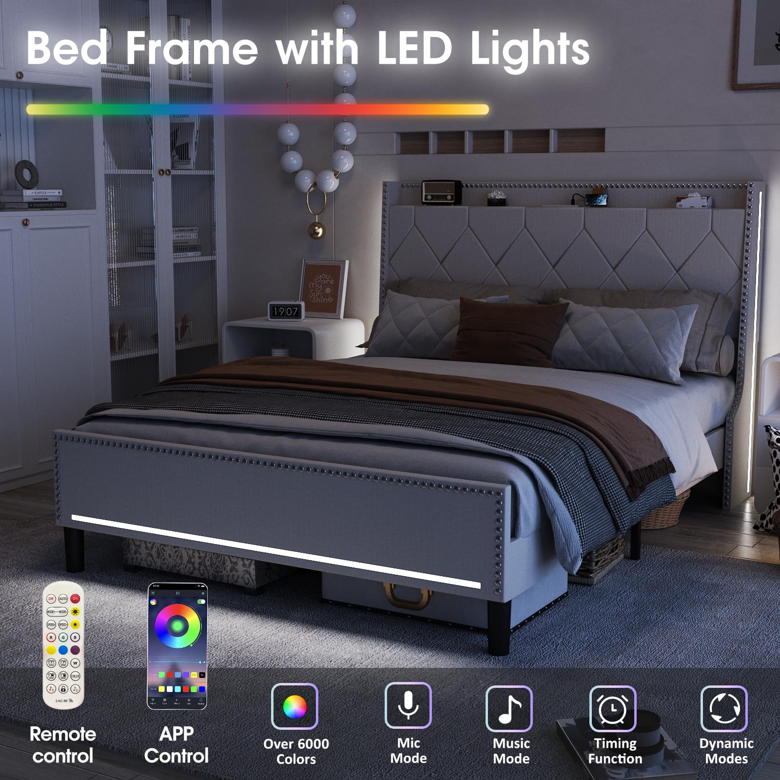 Vabches Queen Size Bed Frames with LED Lights, Upholstered Platform Bed with Charging Station, Storage Space Under The Bed, Steel Slat Support, No Box Spring Needed, Noise Free, Off White