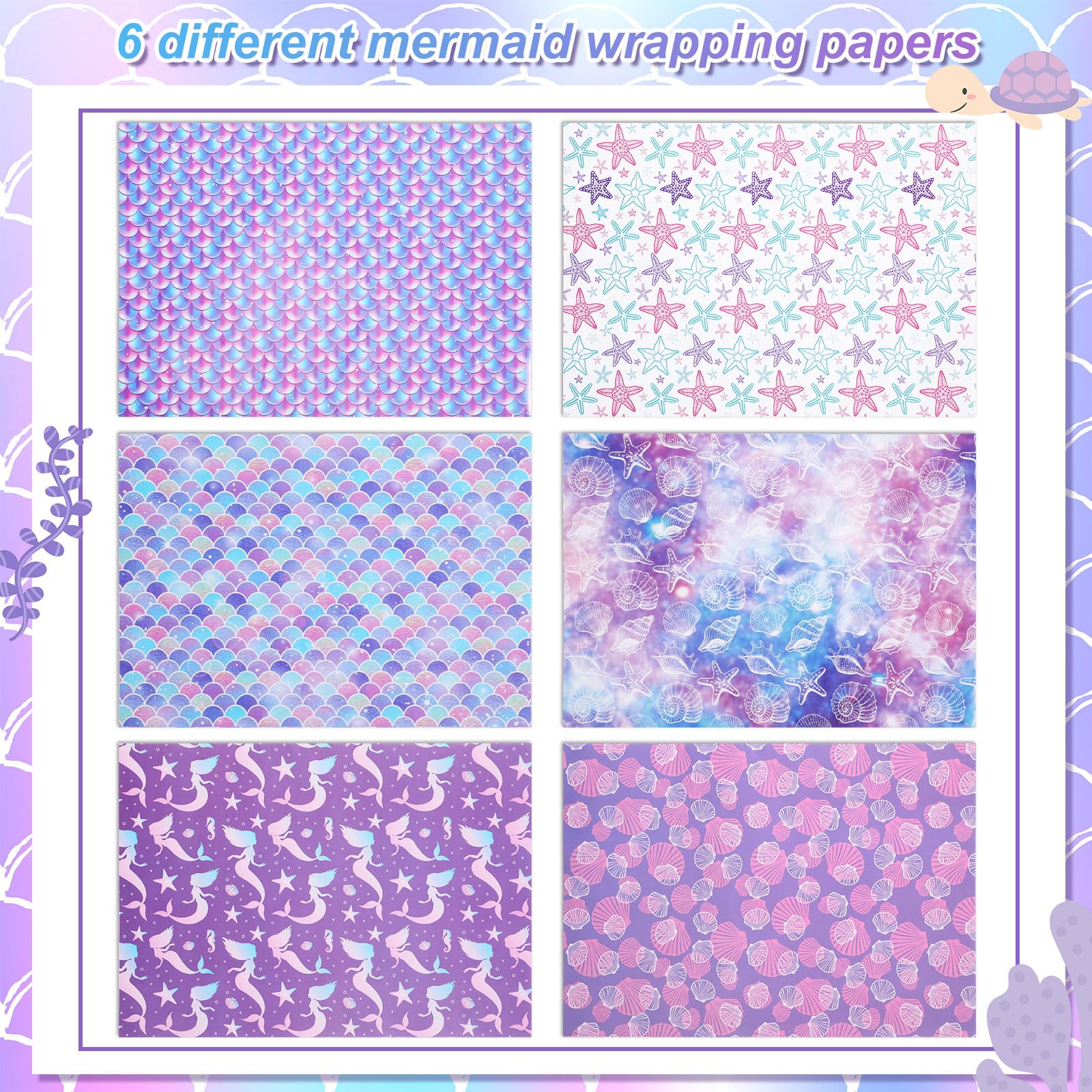 Kolldenn 12 Sheets Mermaid Gift Wrapping Paper Birthday Gift Folded Wrapping Paper 6 Styles 19.7 x 27.6 Inch Kids Mermaid Gift Box Packaging Paper for Girls Birthday Baby Shower Party Supplies