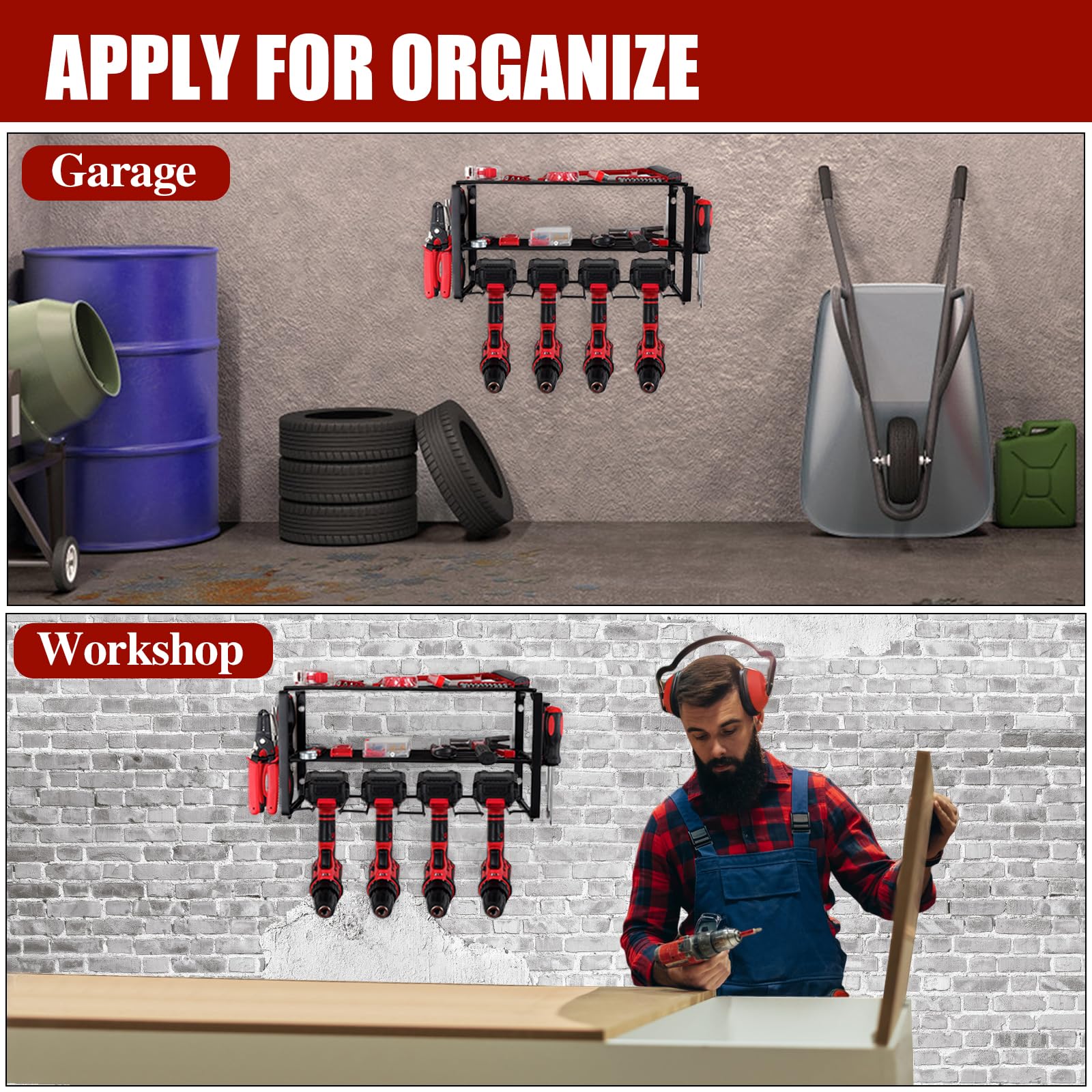 TaoTazon Power Tool Organizer, Wall Mount Garage Tool Organizer and Storage, 3 Layers 4 Drill Holder Wall Mount, Power Tool Holder and Storage Rack for Garage Organization (1 Pack-3 Layers)