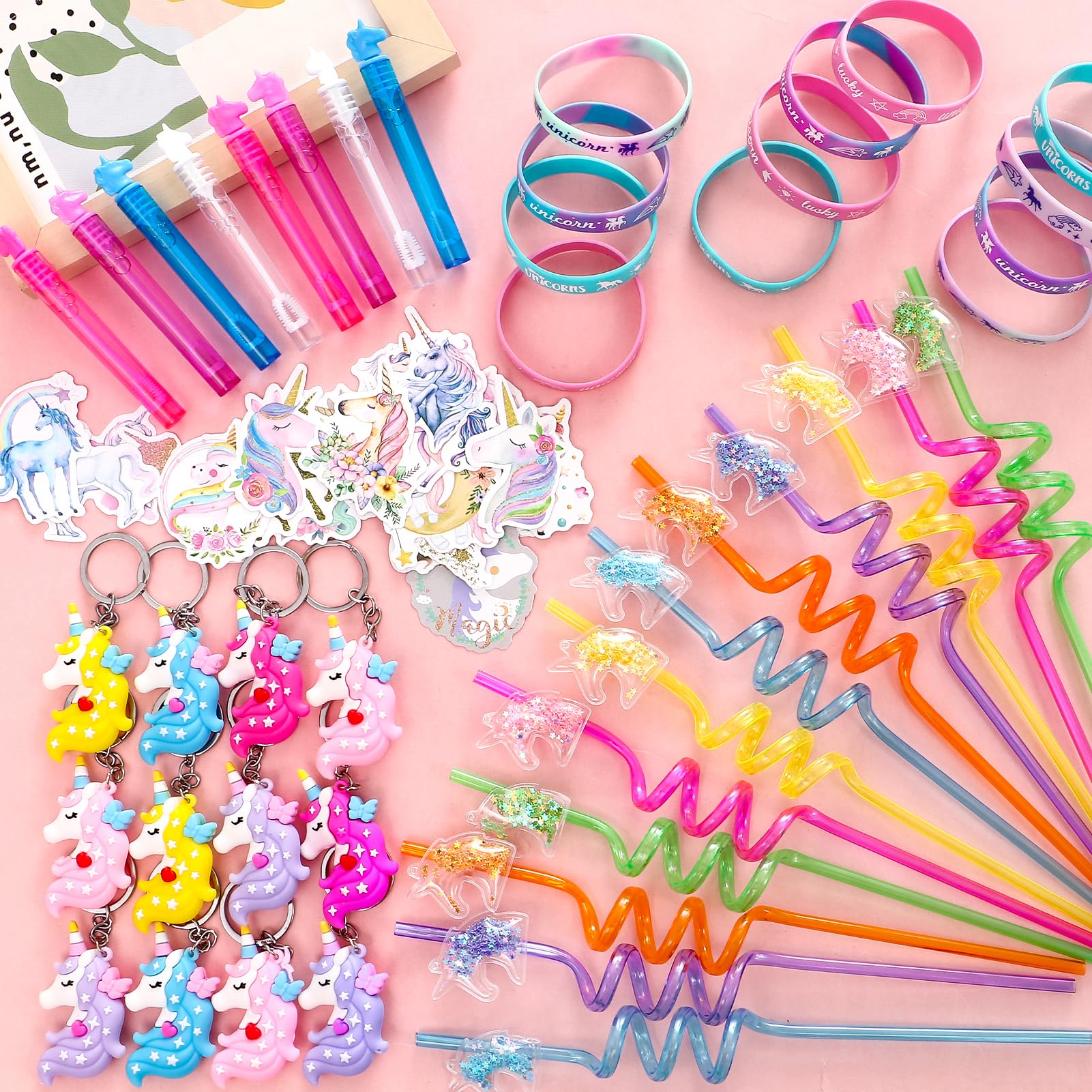 KELENO 98 Unicorn Party Favors Birthday Supplies for Girls Kids Straw Bubble Silicone Band Sticker Rainbow Unicorn Toy Gift Filler Goodie Bag Stuffer Unicorn Party Supplies