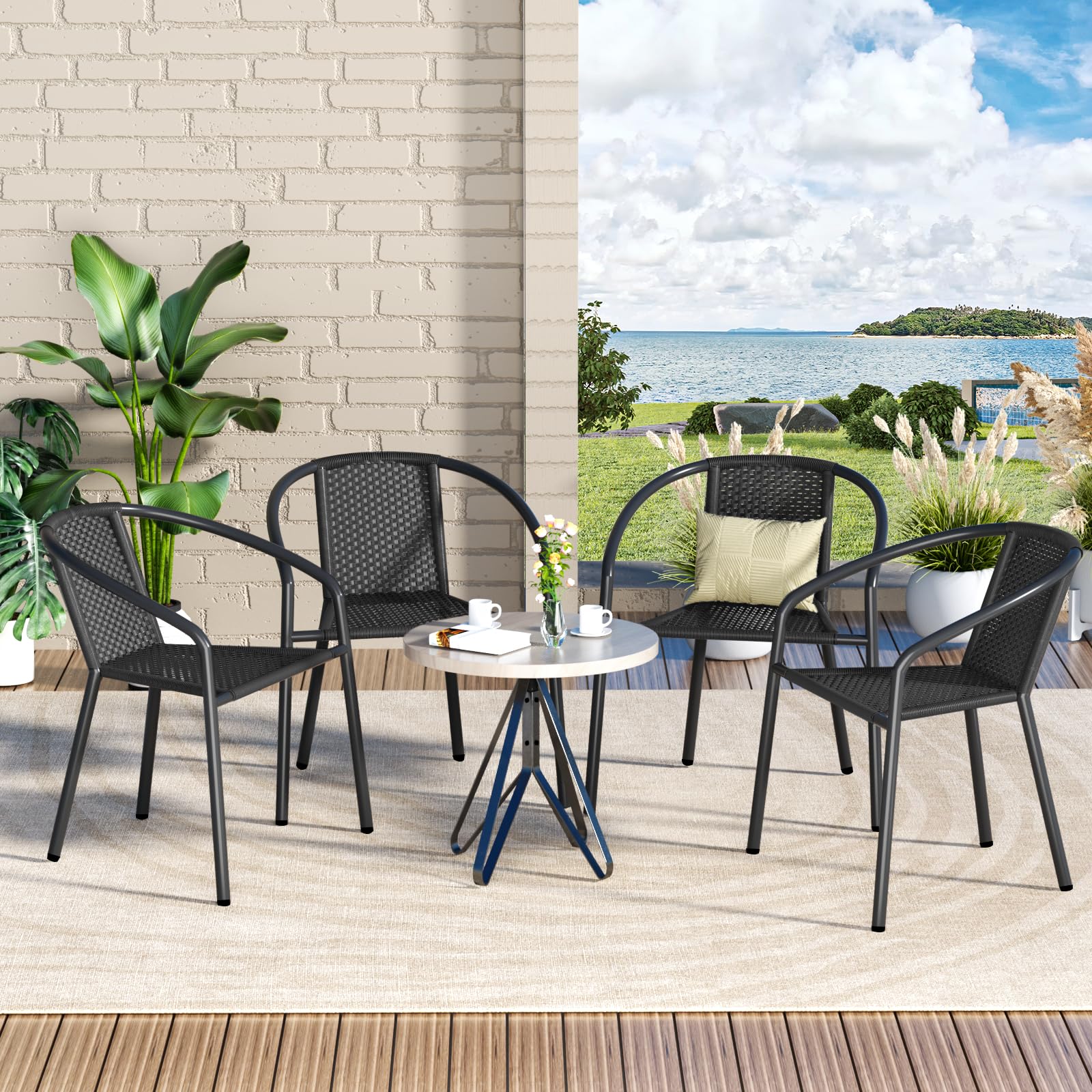 Patio Dining Chairs Set of 4, Outdoor Rattan Stackable Chairs for All Weather, Support 330 LBS, Metal Heavy Duty Portable Chair with Armrests for Backyard Lawn Garden Porch Pool and Deck Black