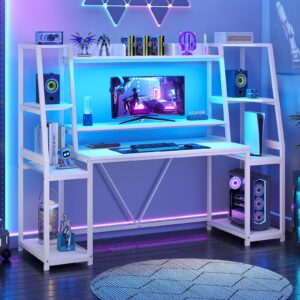 sedeta white gaming desk 65.7'' with led lights, hutch and storage shelves, computer desk with monitor stand, large pc gamer desk workstation, ergonomic gaming table for bedroom, living room