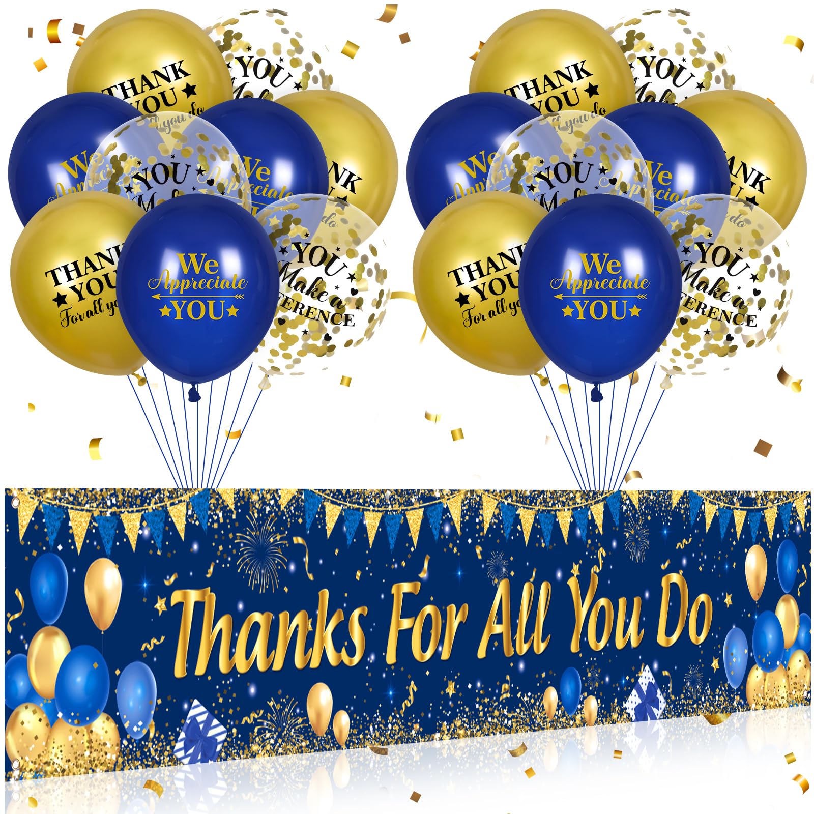 Thank You Appreciation Party Decorations Blue Gold Thanks for All You Do Banner with 18 Pcs Balloons We Appreciate You Yard Sign Decor Gifts for Graduation Pastor Employee Staff Teachers Doctors