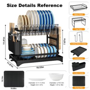 SRIVIJA 2 Tier Detachable Large Sink Dish Drying Rack Over The Kitchen Counter with Drainboard&Silicone Dish Drying Mat,Kitchen Large 2 Tier Stainless Steel Drying Rack with Dishes Drainer(Black)