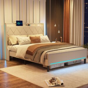 vabches queen size bed frames with led lights, upholstered platform bed with charging station, storage space under the bed, steel slat support, no box spring needed, noise free, off white