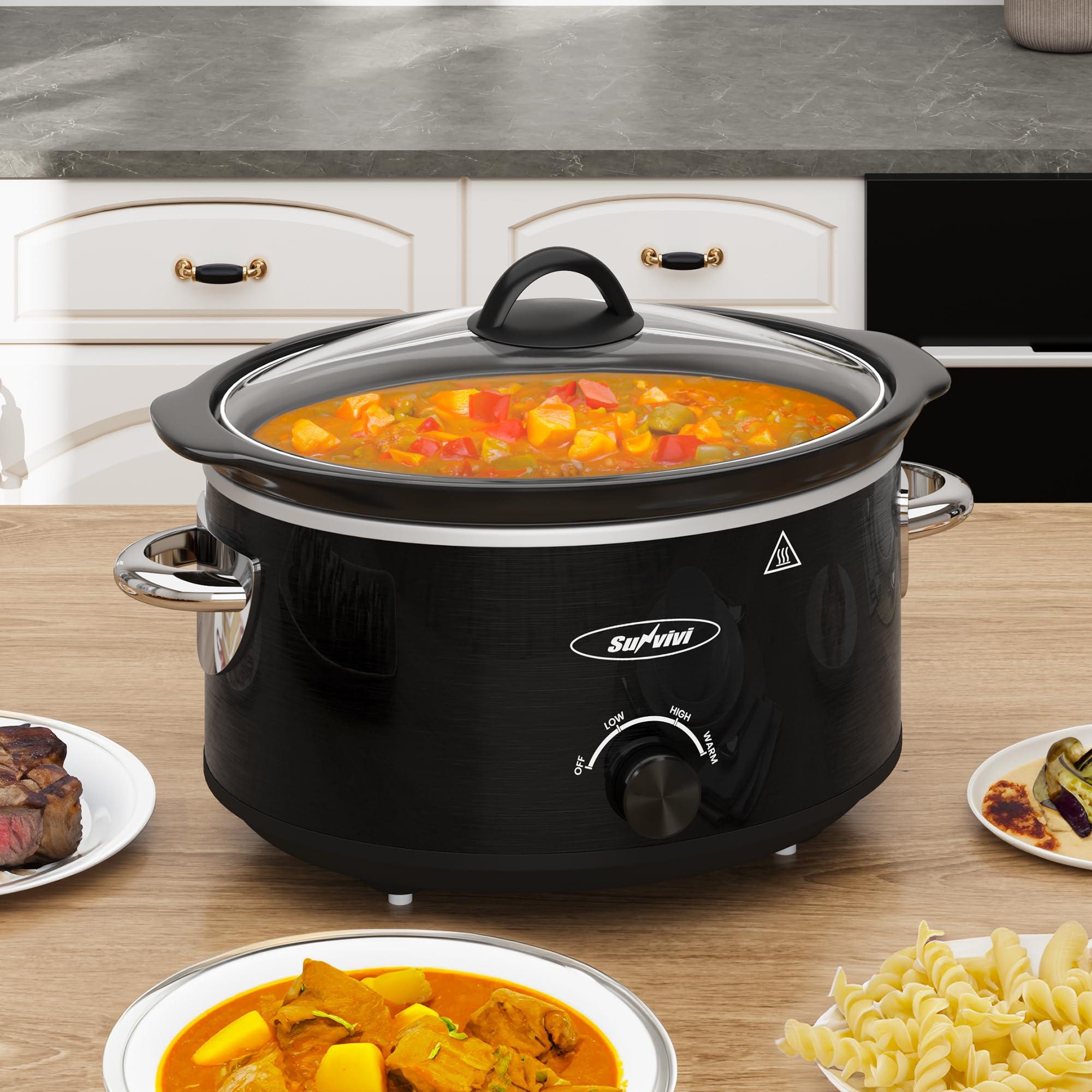 Sunvivi Small Slow Cooker 4QT, Mini Food Warmer with 3 Heating Settings, Removable Ceramic Pot, Dishwasher Safe Glass Lid, Stainless Steel, Black