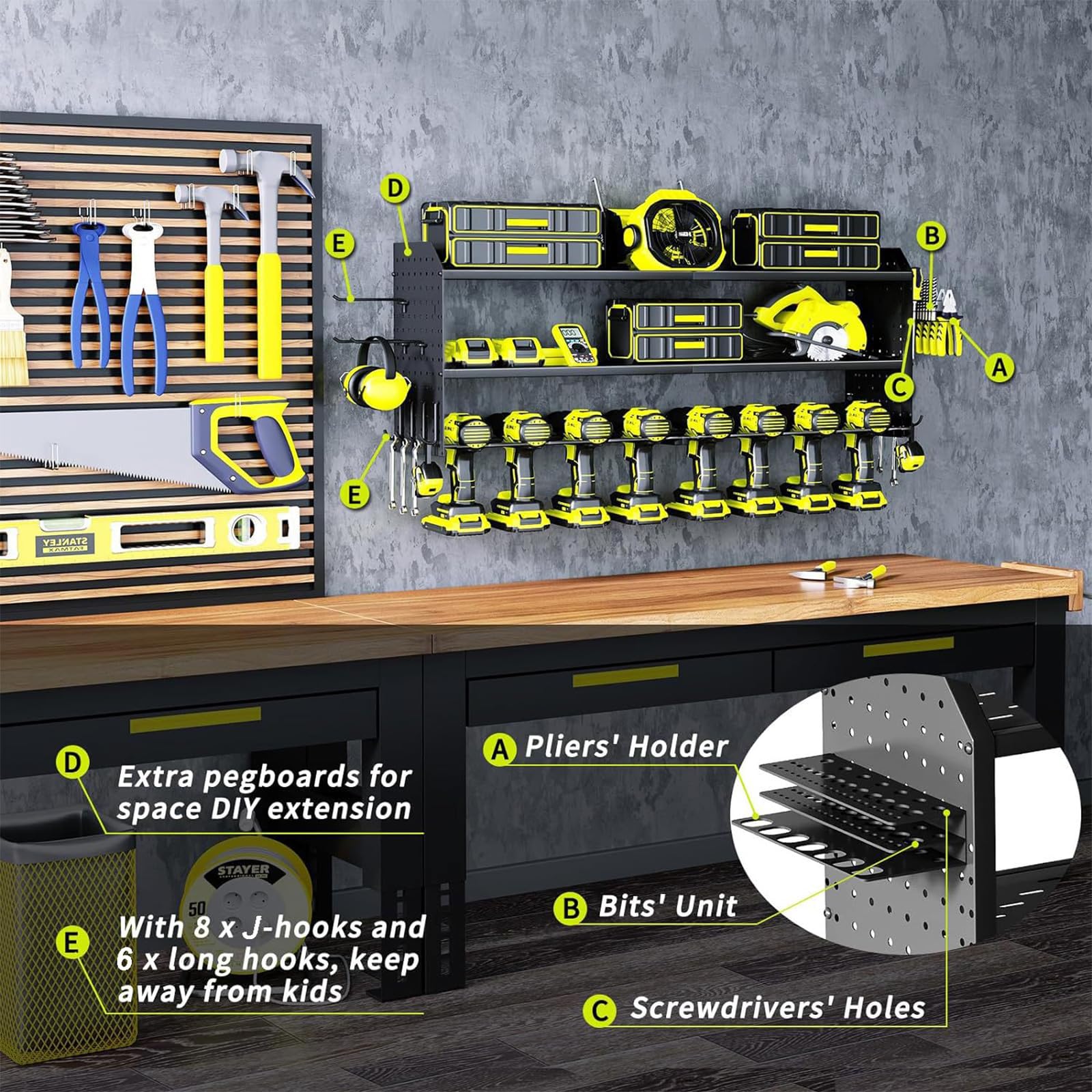 Jofuas Power Tool Organizer Wall-Mounted Metal Tool Rack for 8 Drill Bits with 2 Side Pegboards, Garage Organizing Storage Shelf with Screwdriver Holder/Plier Holder/Hammer Holder.