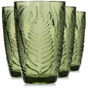 qelvio 12 oz green drinking glasses set of 4 - boho aesthetic colored vintage glassware, cute textured tumbler water cups, colorful glass unique embossed drinkware, retro highball juice drink cup