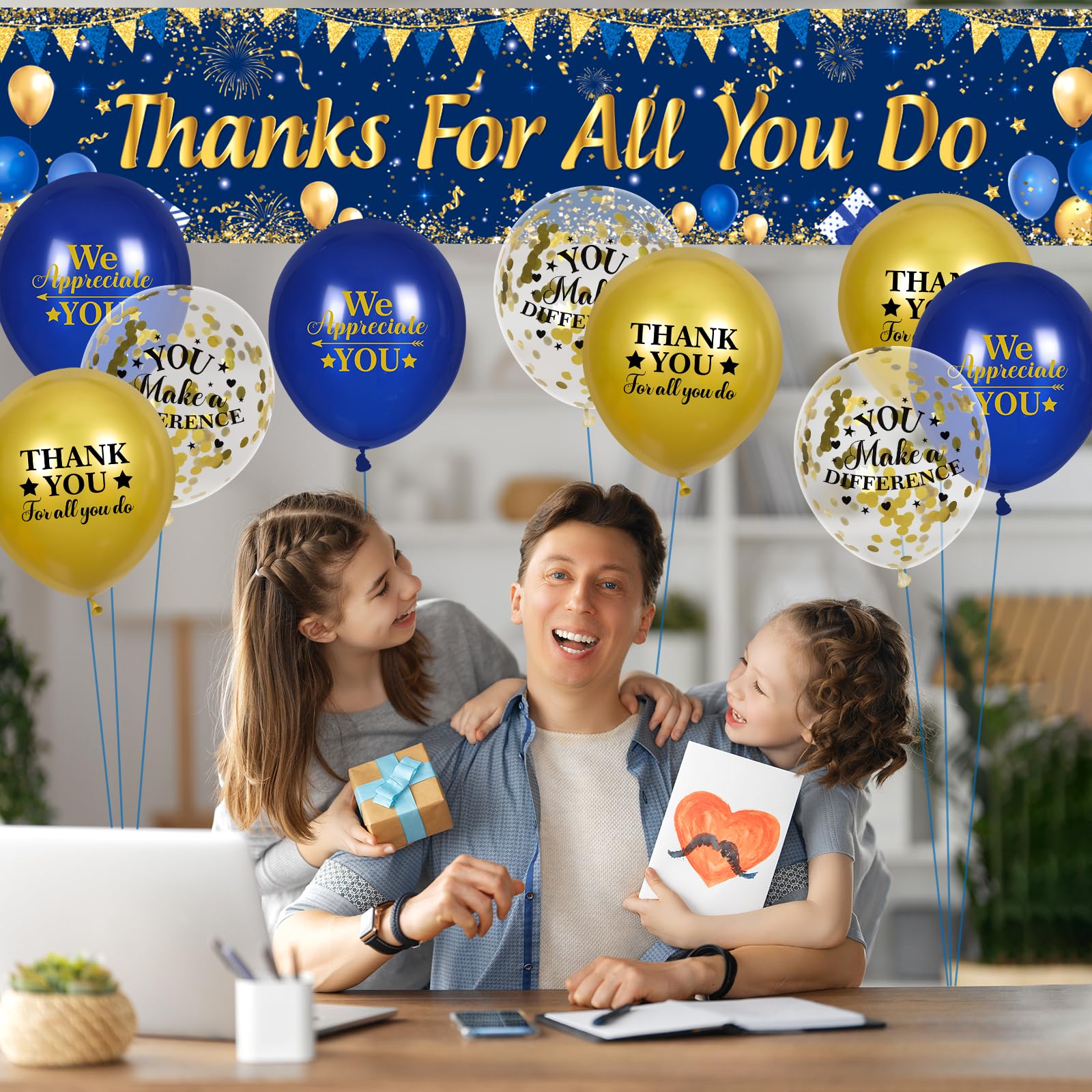 Thank You Appreciation Party Decorations Blue Gold Thanks for All You Do Banner with 18 Pcs Balloons We Appreciate You Yard Sign Decor Gifts for Graduation Pastor Employee Staff Teachers Doctors