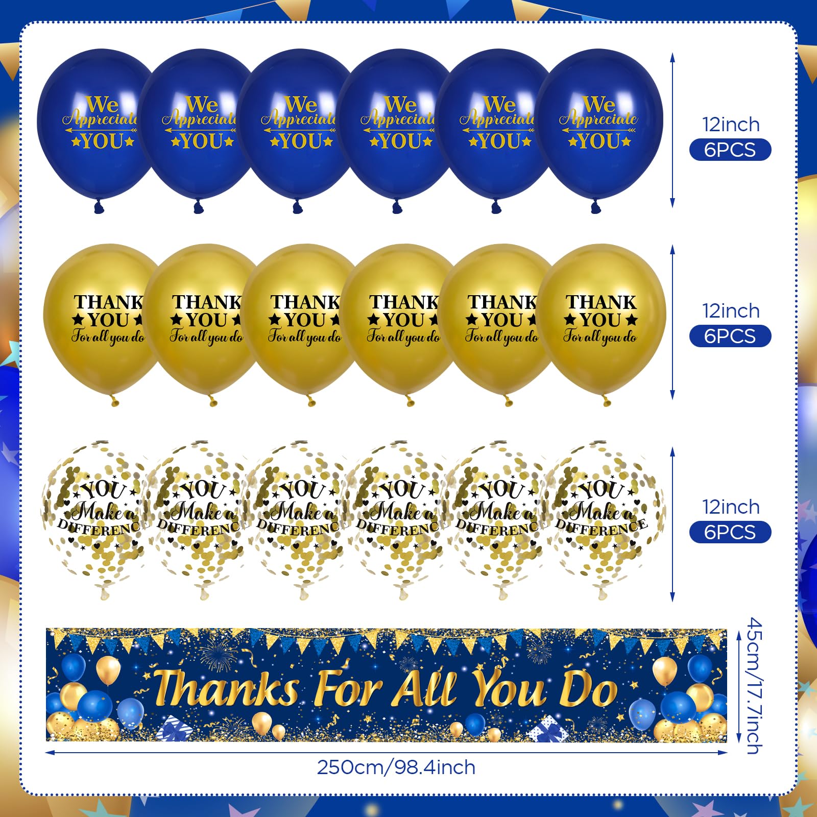 Thank You Appreciation Party Decorations Blue Gold Thanks for All You Do Banner with 18 Pcs Balloons We Appreciate You Yard Sign Decor Gifts for Graduation Pastor Employee Staff Teachers Doctors