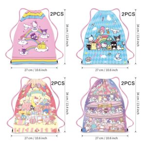 RoKiNou Kawaii Party Drawstring Bags 8Pack, Keroppi Kuromi Melody Birthday Party Supplies Goodies Bags, Party Girls Drawstring Bags for Hello Kitty Theme Kid's Party (4 Style)