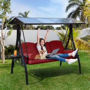 NOBLEMOOD Outdoor Porch Swing with Polycarbonate Hardtop, 3 Seat Patio Swing with Convertible Backrest, 2 Side Cup Holder, Thickened Cushion, 4 Pillows for Adult, Garden, Lawn