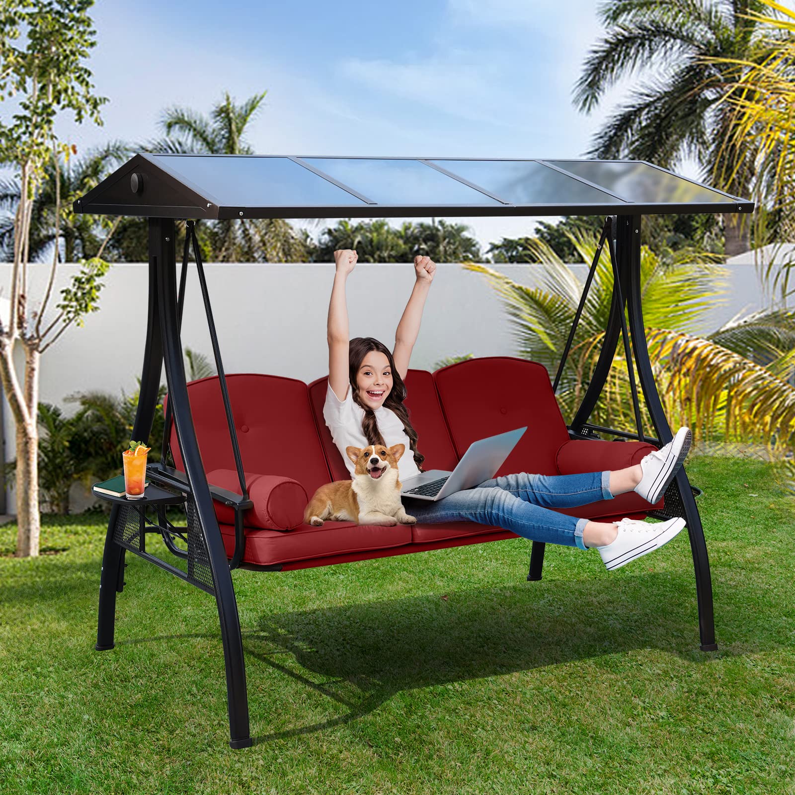 NOBLEMOOD Outdoor Porch Swing with Polycarbonate Hardtop, 3 Seat Patio Swing with Convertible Backrest, 2 Side Cup Holder, Thickened Cushion, 4 Pillows for Adult, Garden, Lawn