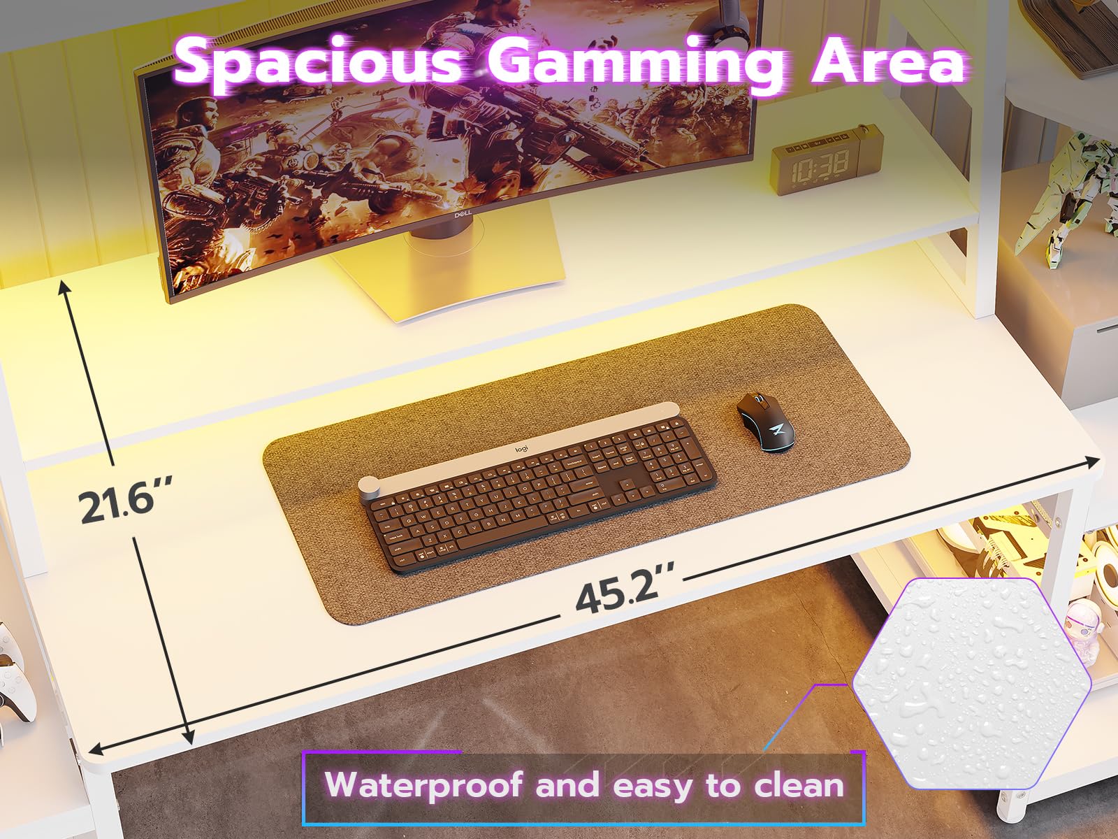 SEDETA White Gaming Desk 65.7'' with LED Lights, Hutch and Storage Shelves, Computer Desk with Monitor Stand, Large PC Gamer Desk Workstation, Ergonomic Gaming Table for Bedroom, Living Room