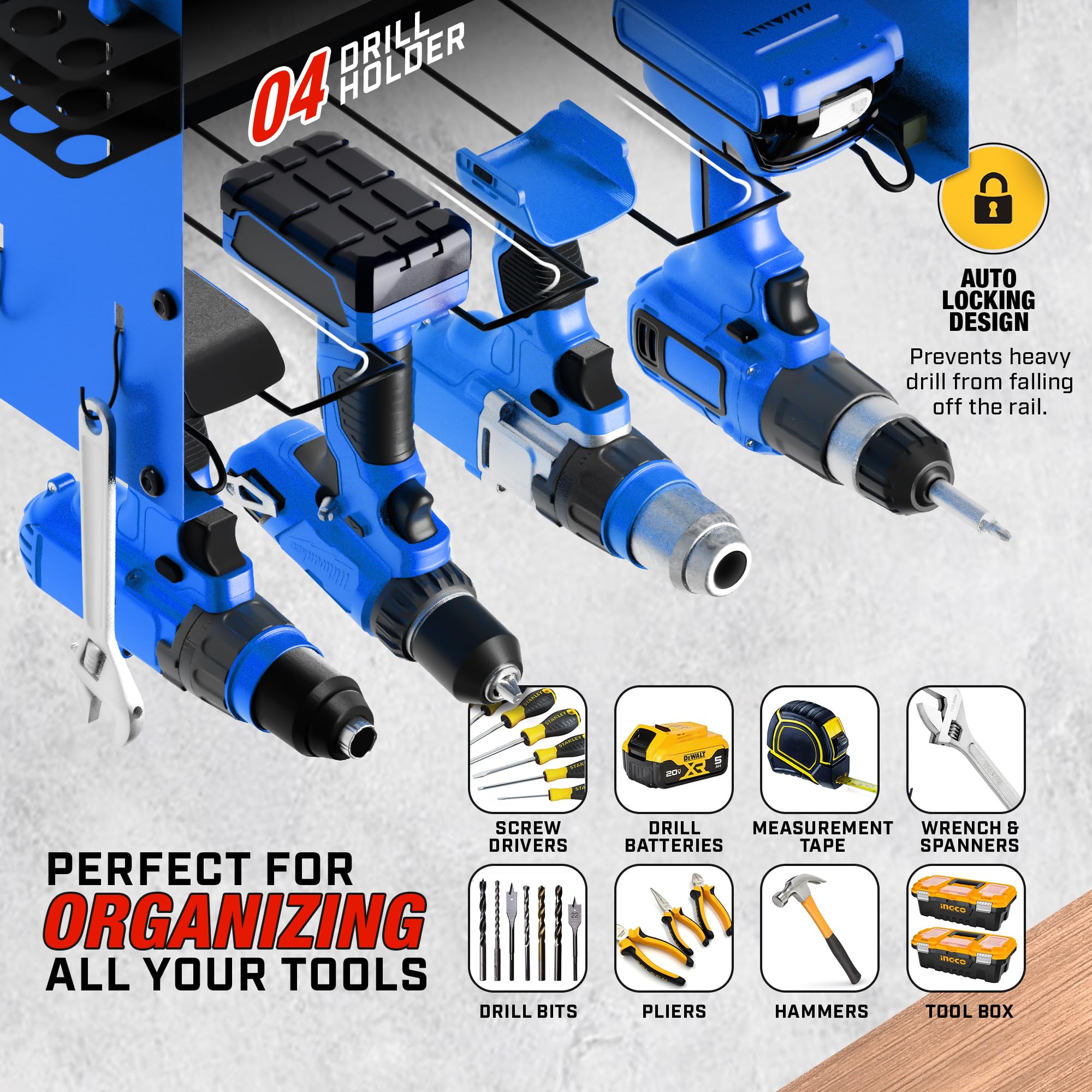 Nokhba Modular Power Tool Organizer Wall Mount and Tool Charging Station. Garage 4 Drill Storage Shelf with Hooks, Heavy Duty Drill Holder Wall Mount, Tool Battery Holder Built in 8 Outlet Power Strip