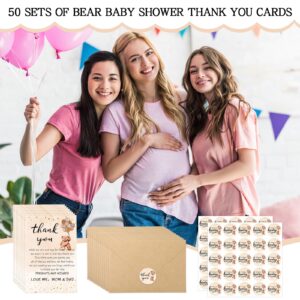 Kisston 50 Sets Baby Shower Thank You Cards 50 Bear Thank You Cards with 50 Envelopes and Stickers Thank You Gift Card for Baby Shower Gender Reveal Party Favor for Girl Boy(Brown)