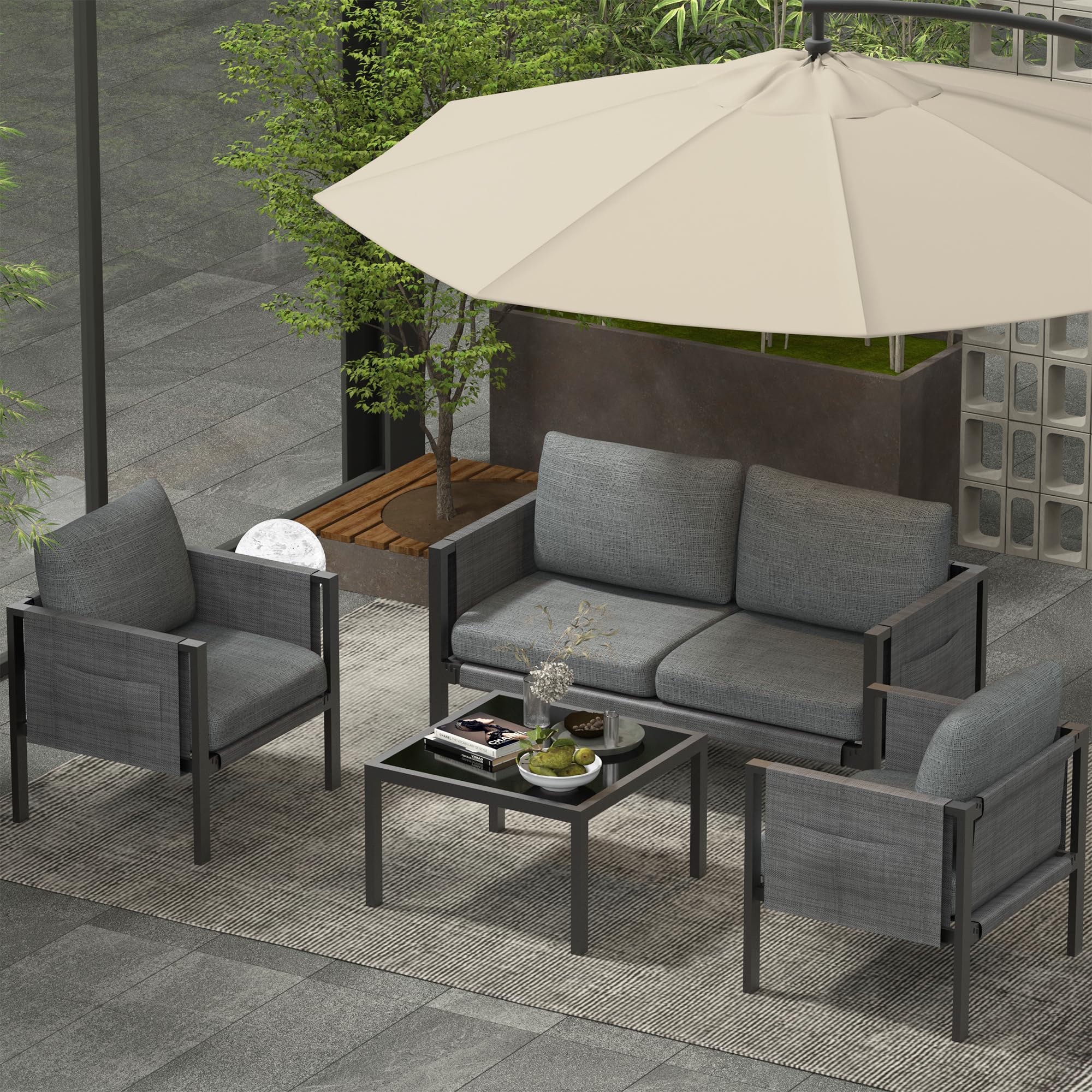 CATMIX Outdoor Patio Furniture, Aluminum Patio Furniture Conversation Set Metal Cushions Couch Outdoor Sectional Balcony Sofa Balcony Outside Chairs Porch