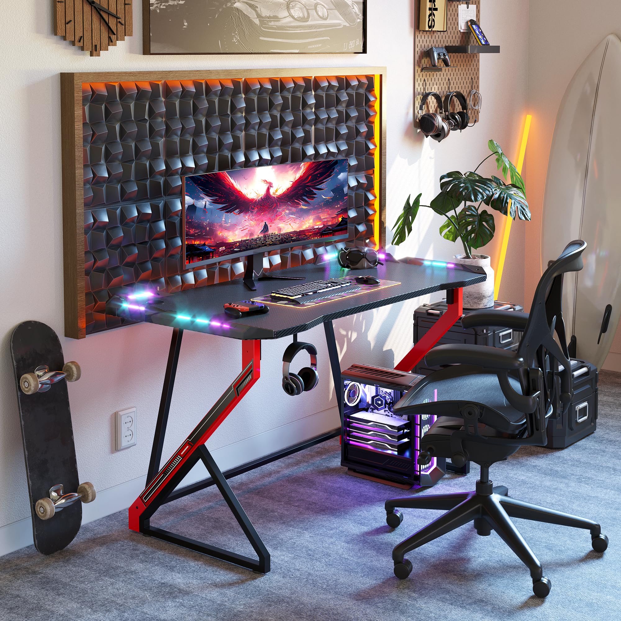 TIQLAB Gaming Desk with LED Lights, 40 Inch Computer Desk Z Shaped Gamer Workstation, Gaming Table with Carbon Fiber Surface, PC Gamer Desk, Black