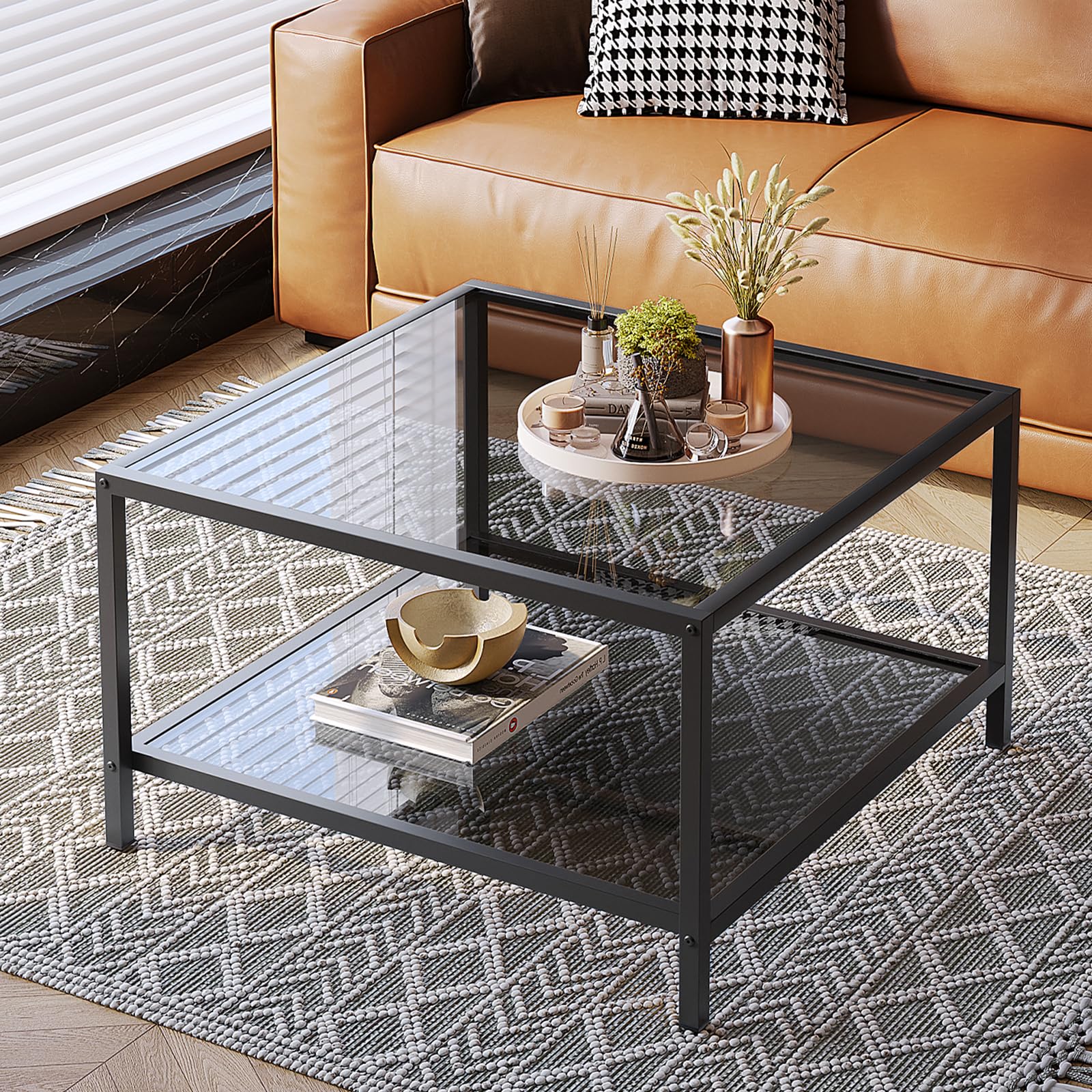 SAYGOER Modern Coffee Table Small Glass Coffee Table with Storage 2-Tier Simple Square Center Table for Living Room Home Office Sofa Table with Metal Frame 26.7 x 26.7 x 15.7 Inches, Gray Black