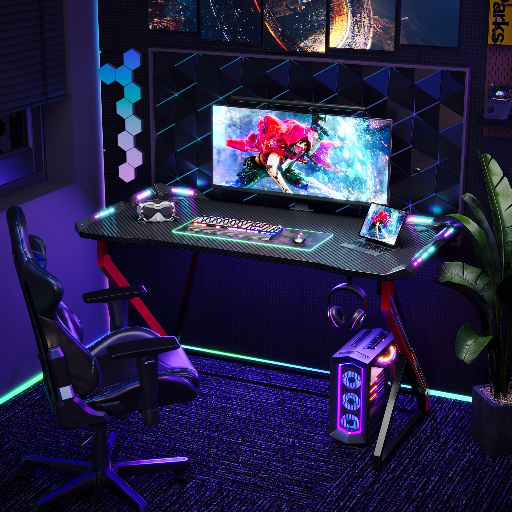 TIQLAB Gaming Desk with LED Lights, 40 Inch Computer Desk Z Shaped Gamer Workstation, Gaming Table with Carbon Fiber Surface, PC Gamer Desk, Black