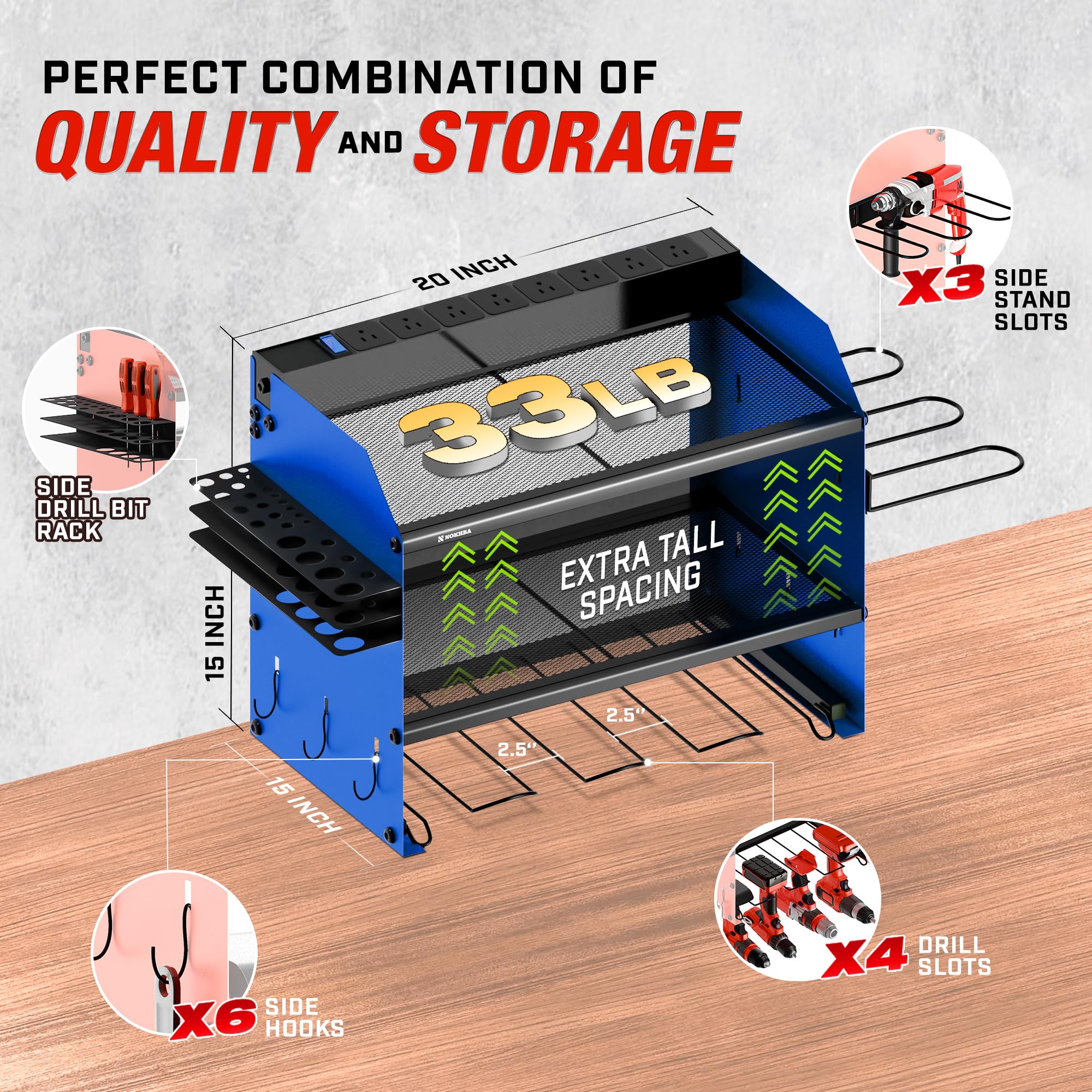 Nokhba Modular Power Tool Organizer Wall Mount and Tool Charging Station. Garage 4 Drill Storage Shelf with Hooks, Heavy Duty Drill Holder Wall Mount, Tool Battery Holder Built in 8 Outlet Power Strip