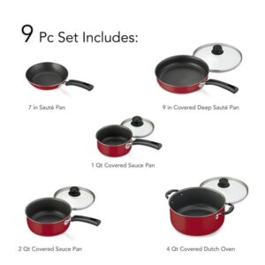 SionS 9-Piece Non-Stick Cookware Set, Stay-Cool Handles and Heat Shatter-Resistant Tempered Glass Lids, Pots and Pans (Red), SY337