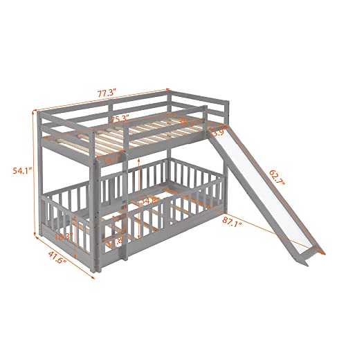 RORIGAT Twin Over Twin Floor Bunk Bed with Slide and Ladder, Low Bunk Bed for Kids Boys Girls Teens, Gray