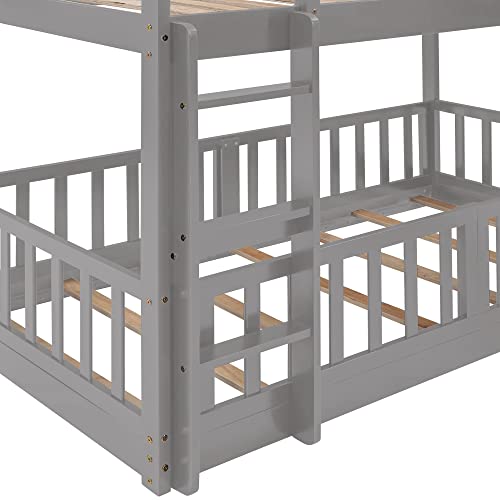 RORIGAT Twin Over Twin Floor Bunk Bed with Slide and Ladder, Low Bunk Bed for Kids Boys Girls Teens, Gray