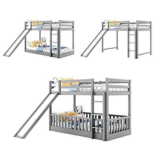 RORIGAT Twin Over Twin Floor Bunk Bed with Slide and Ladder, Low Bunk Bed for Kids Boys Girls Teens, Gray