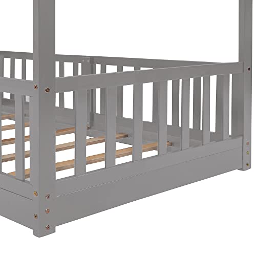 RORIGAT Twin Over Twin Floor Bunk Bed with Slide and Ladder, Low Bunk Bed for Kids Boys Girls Teens, Gray