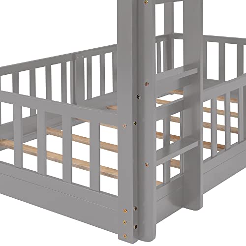 RORIGAT Twin Over Twin Floor Bunk Bed with Slide and Ladder, Low Bunk Bed for Kids Boys Girls Teens, Gray