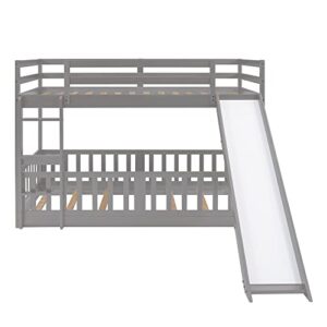 RORIGAT Twin Over Twin Floor Bunk Bed with Slide and Ladder, Low Bunk Bed for Kids Boys Girls Teens, Gray