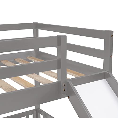 RORIGAT Twin Over Twin Floor Bunk Bed with Slide and Ladder, Low Bunk Bed for Kids Boys Girls Teens, Gray