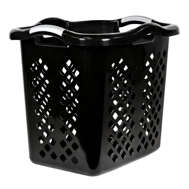 ReMoiz 2 Pack Ultra Easy Carry Plastic Laundry Hamper, 2 Bushel Lamper Plastic Laundry Basket with Silver Handles,Dirty Clothes Laundry Hamper Bin for Home, Apartment, or Dorm Room, Black