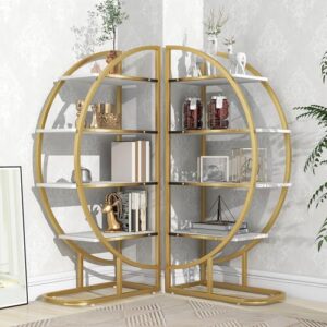 merax round bookshelf storage display shelf organizer, 4 tiers l shaped corner bookcase shelving unit for home office, white, gold