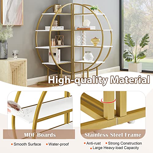 Merax Round Bookshelf Storage Display Shelf Organizer, 4 Tiers L Shaped Corner Bookcase Shelving Unit for Home Office, White, Gold