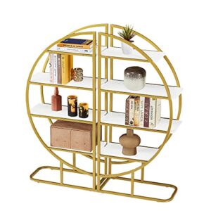 Merax Round Bookshelf Storage Display Shelf Organizer, 4 Tiers L Shaped Corner Bookcase Shelving Unit for Home Office, White, Gold