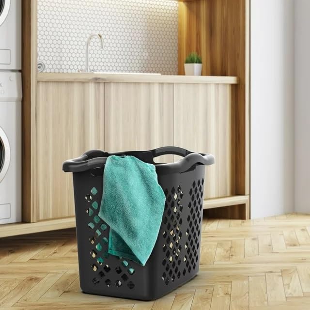 ReMoiz 2 Pack Ultra Easy Carry Plastic Laundry Hamper, 2 Bushel Lamper Plastic Laundry Basket with Silver Handles,Dirty Clothes Laundry Hamper Bin for Home, Apartment, or Dorm Room, Black