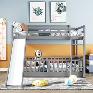 RORIGAT Twin Over Twin Floor Bunk Bed with Slide and Ladder, Low Bunk Bed for Kids Boys Girls Teens, Gray