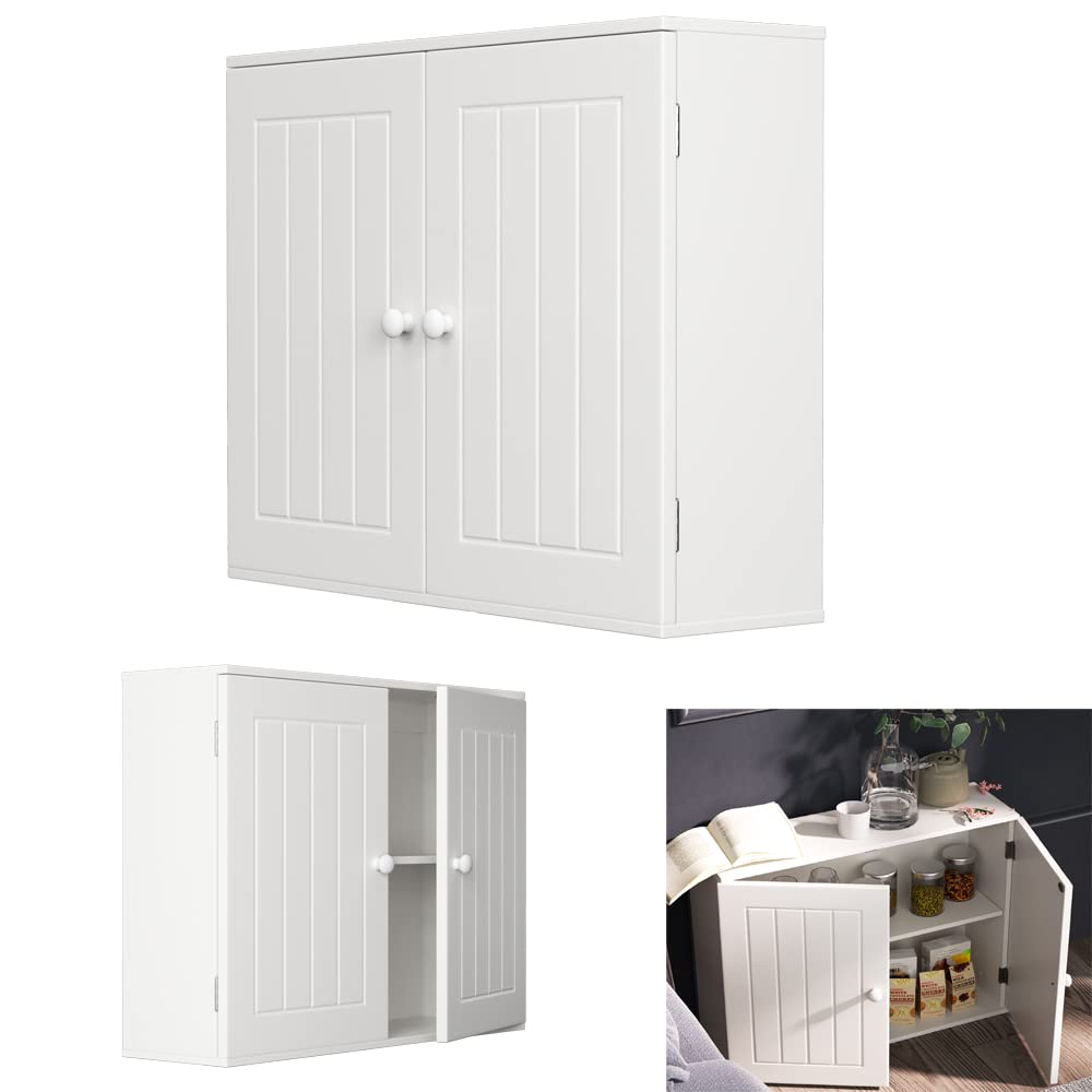 Qimu Bathroom Wall Cabinet White Bathroom Wall Mount Storage Cabinet, Medicine Cabinet with 2 Doors, Wood Hanging Cabinet, Floor Standing Storage Cupboard with Adjustable Shelf, W23.6''x D6 xH20''