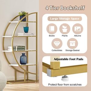 Merax Round Bookshelf Storage Display Shelf Organizer, 4 Tiers L Shaped Corner Bookcase Shelving Unit for Home Office, White, Gold