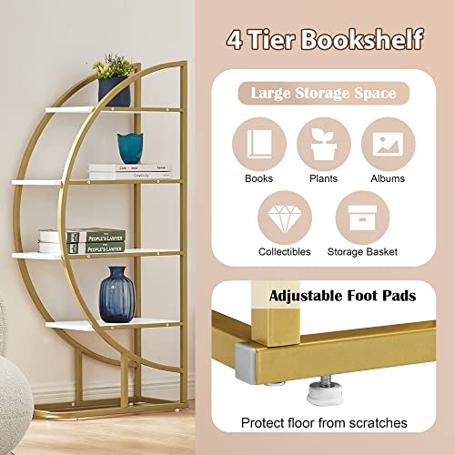 Merax Round Bookshelf Storage Display Shelf Organizer, 4 Tiers L Shaped Corner Bookcase Shelving Unit for Home Office, White, Gold