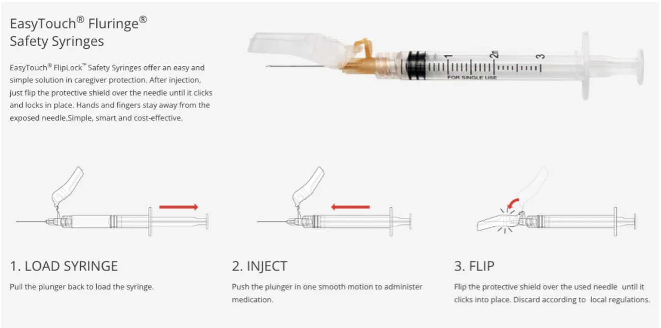 EasyTouch 23G, 3mL, 1""(25mm) Saftey Syringe, Luer Lock, 100 Count - 822331, White